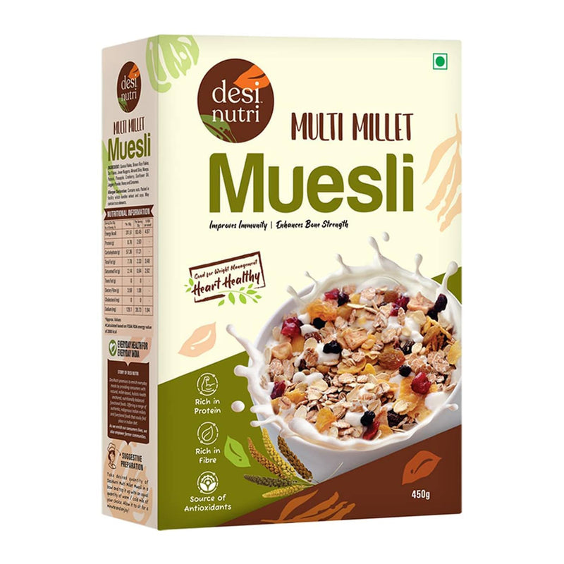 Desi Nutri Multi Millet Museli | Ready to Eat Healthy Museli | Rich In Protein & Fibre | An Energy Powerhouse | Perfect for Breakfast or Evening Suppers | 450 gms