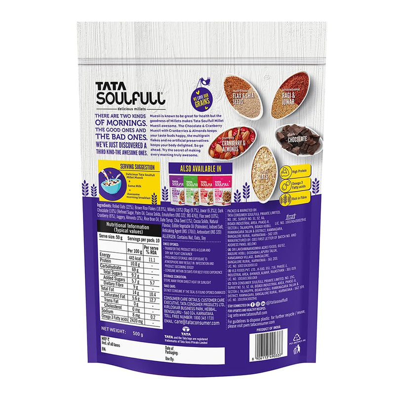 Tata Soulfull Millet Muesli | Chocolate & Cranberry | 20% Almonds, Seeds & Cranberry | Dark Chocolate | High in Protein | 500g