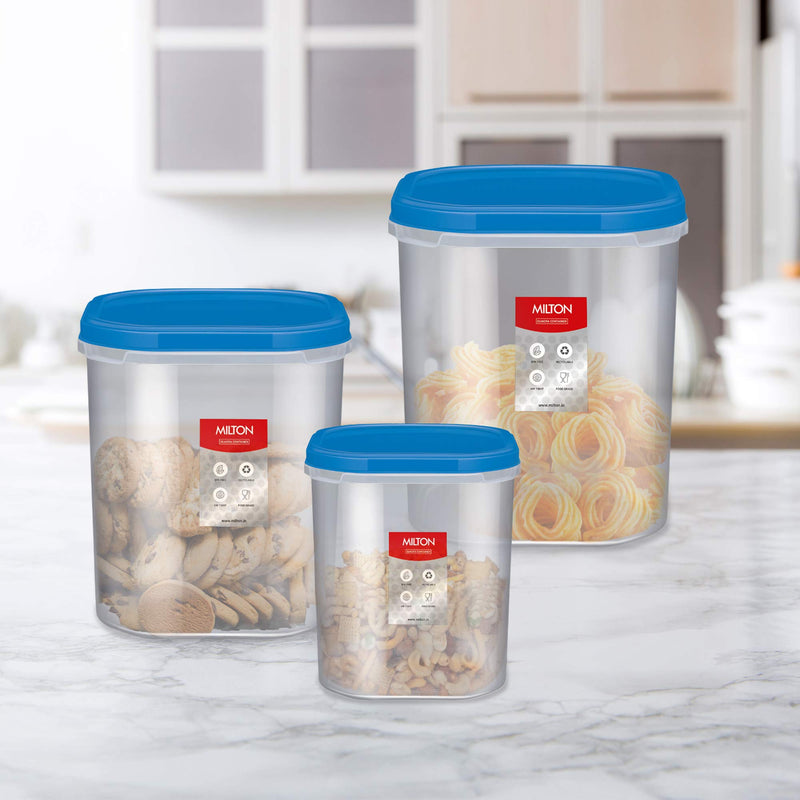 MILTON Plastic Quadra Storage Container, Set Of 3, (6000 Ml, 8000 Ml, 12000 Ml), Blue | Air Tight | Stackable | Multipurpose | Kitchen Organizer | Bpa Free | Easy To Clean | Dishwasher Safe