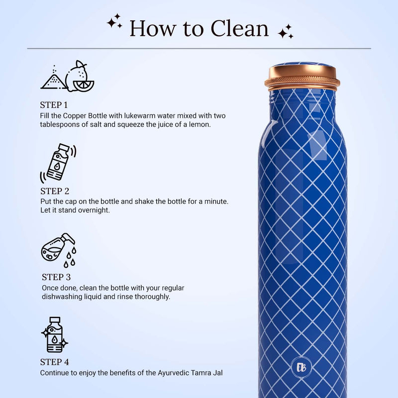 EB-Everything Beautiful Pure Copper Water Bottle 1 Litre with Glass Set made of Tamba in Printed Blue Checkered Standard Design Suitable Birthday Gift for Men & Women by ebstore (1L, 2x 270ml)