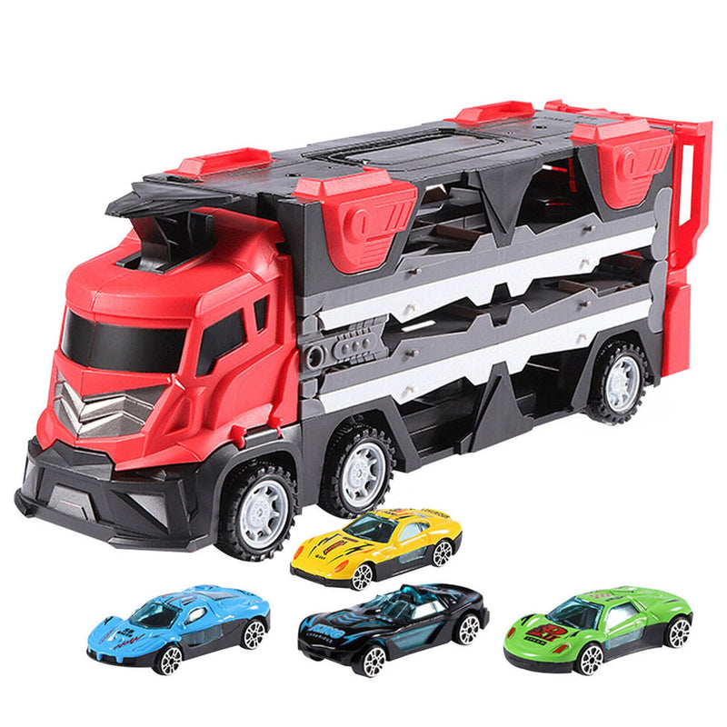 Kidology Mega Hauler Truck with Ejection Race Track- Large Truck Folding Children's Toy Car Includes 4 Alloy Car Track Racing Storage Container Toy for Kids (Red)