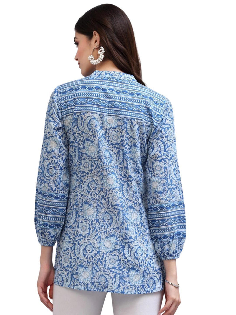 rytras Women's Floral Printed Cotton Top(Blue,Medium)