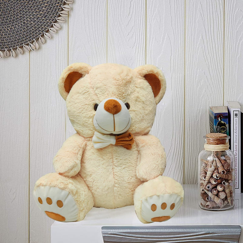 Webby Plush Cute Sitting Teddy Bear Soft Toys with Neck Bow and Foot Print, Beige 35 cm