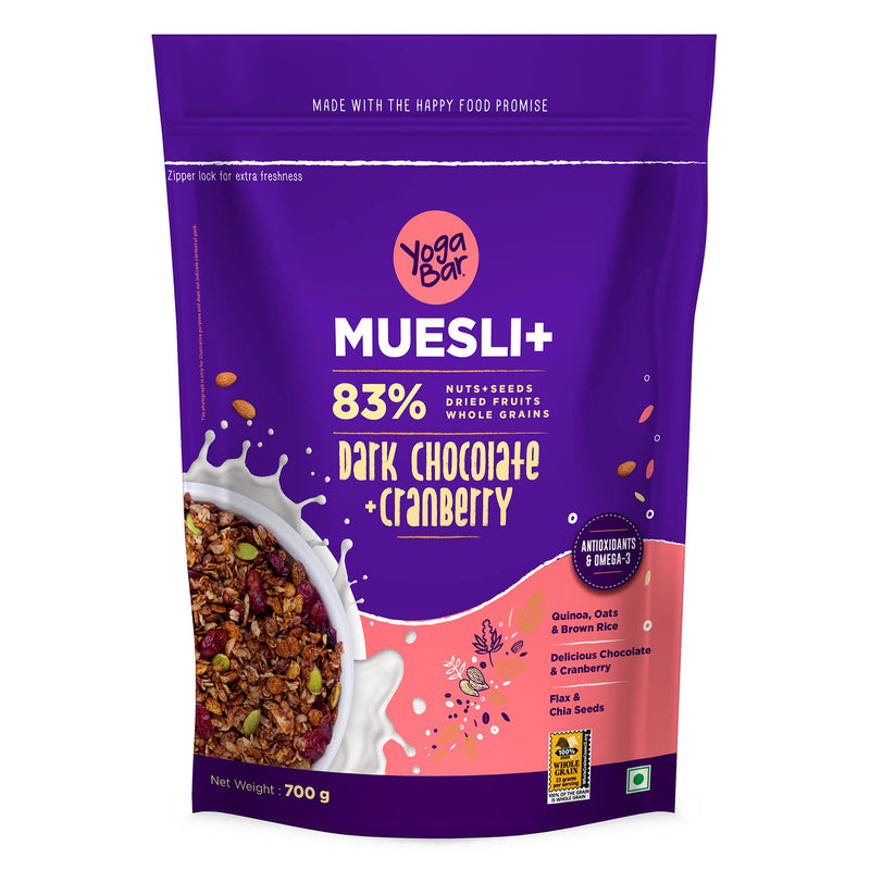 Yogabar Wholegrain Breakfast Muesli Combo | Fruits, Nuts and Seeds 700gm | Dark Chocolate Cranberry 700gm | Nuts + Seeds, Dried Fruits, Whole Grains