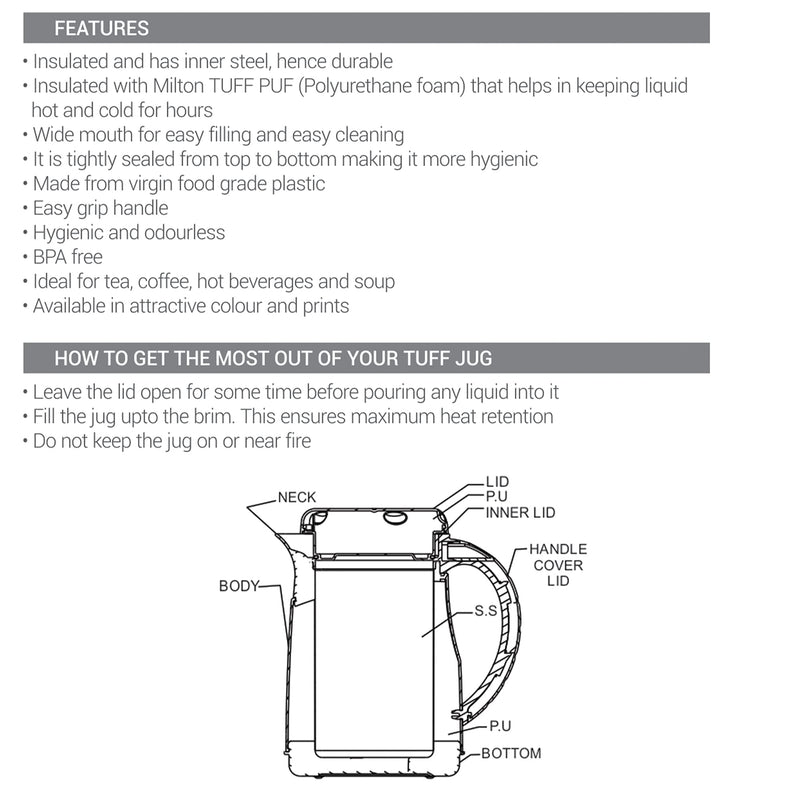 Milton Viva Tuff 1000 Insulated Inner Stainless Steel Jug, 1 Litre, 1 Piece, Black | BPA Free | Hot and Cold | Easy to Carry | Leak Proof | Tea Jug | Coffee Jug | Water Jug | Hot Beverages