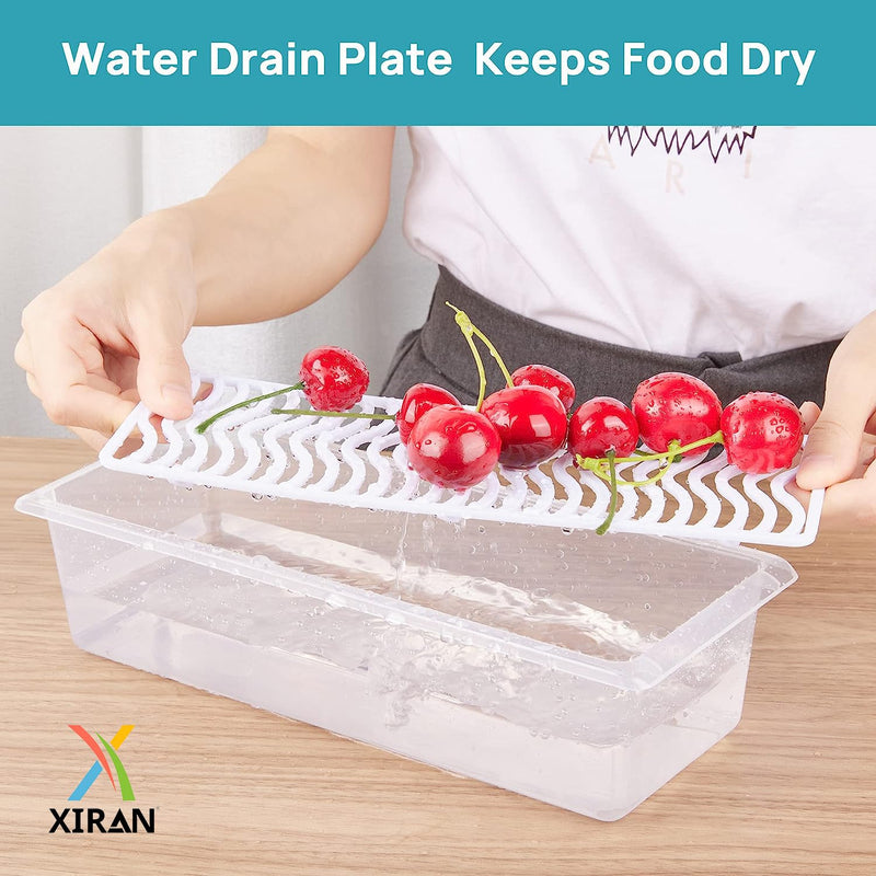 Xiran 6 Fridge Storage Boxes Fridge Organizer with Removable Drain Plate and Lid Stackable Fridge Storage Containers Plastic Freezer Storage Containers for Fish, Meat, Vegetables, Fruits(1500ML)