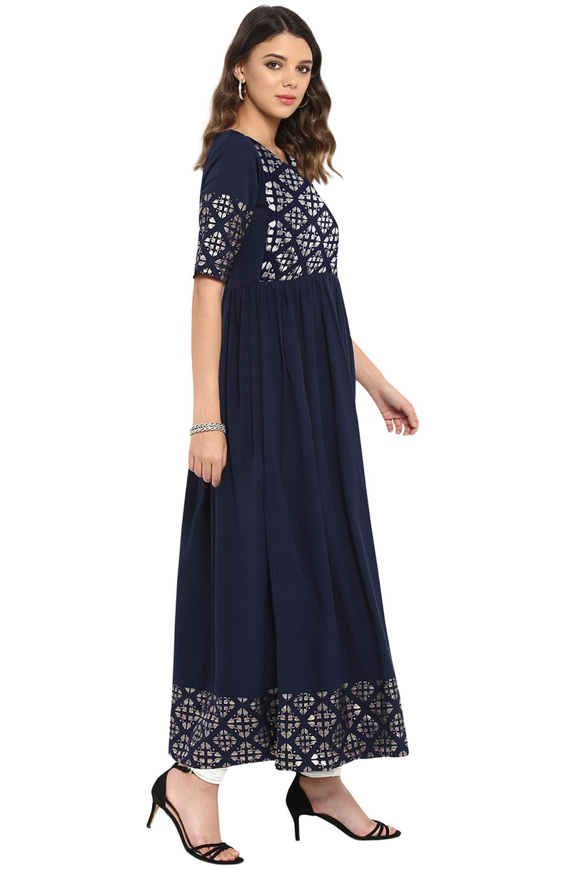 Janasya Women's Poly Crepe Foil Print Flared Kurta Navy Blue