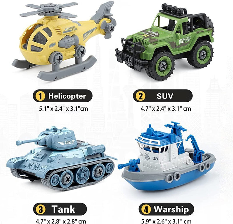 TEC TAVAKKAL Military Army Foldable Vehicles Car Toy 4 Pack with Screwdriver Toy, DIY Kids STEM Toys Including Helicopter, Jeep, Tank and Boat for Toddlers Birthday Gifts for Boys 2 3 4 5 6 Year