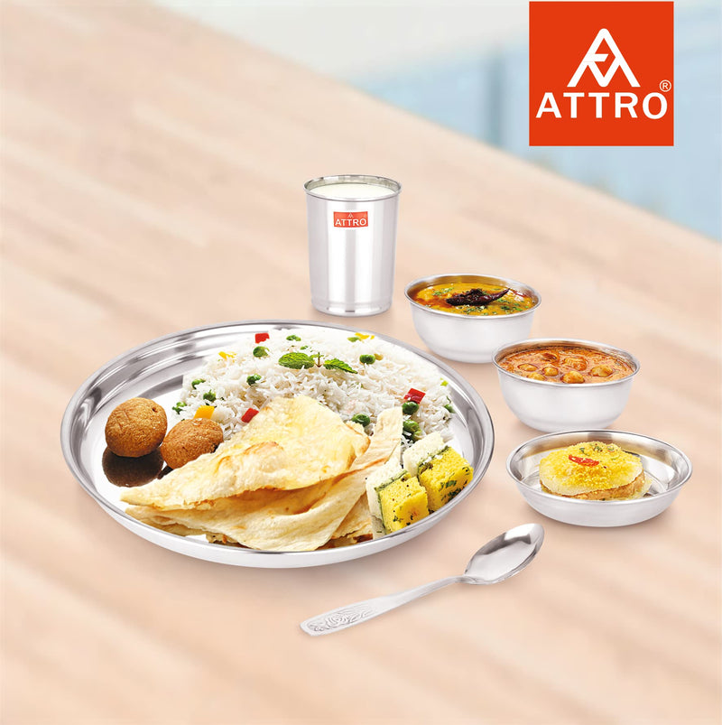 Attro 6 Pieces Smart Stainless Steel Dinnerware/Dinner Set - 1 Thali, 1 D.Plate, 2 Bowl, 1 Glass, 1 Spoon, Kitchen Set for Home, Restaurants, Family - Silver,Solid