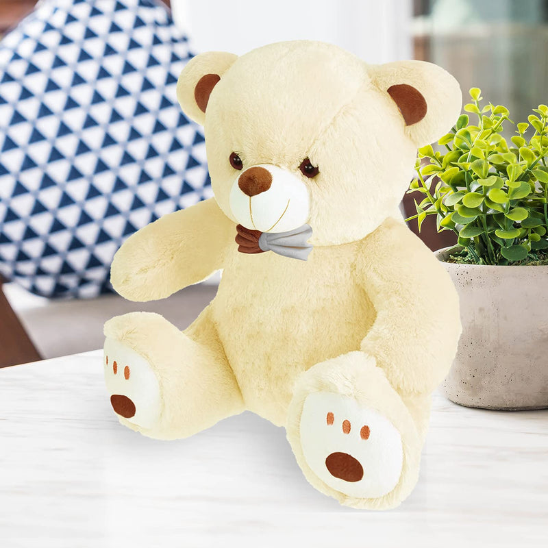 Webby Plush Cute Sitting Teddy Bear Soft Toys with Neck Bow and Foot Print, Beige 35 cm