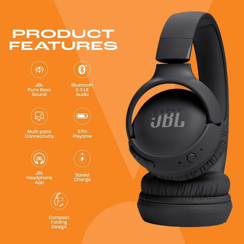 JBL Tune 520BT Wireless On Ear Headphones with Mic, Pure Bass Sound, Upto 57 Hrs Playtime, Speedcharge, Customizable Bass with Headphones App, Lightweight, Bluetooth 5.3 (Black)