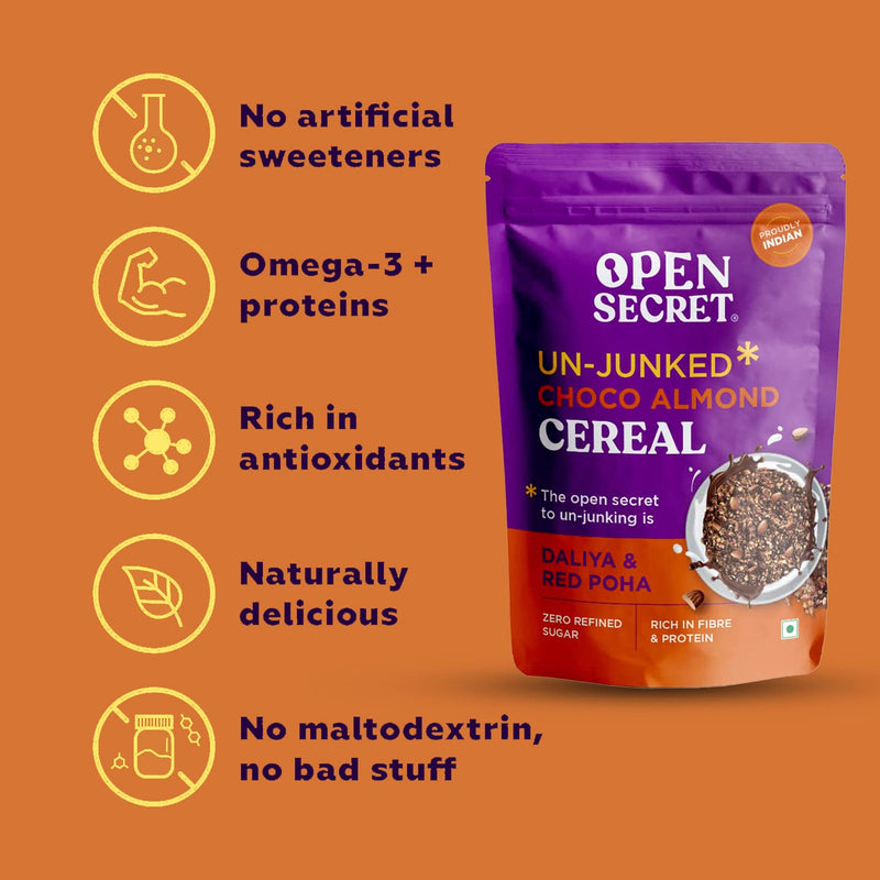 Open Secret Chocolate Almond Muesli 350g| Breakfast Cereal with Nuts & Seeds, Dried Fruits, Oats, Red Poha| Healthy Breakfast Cereal