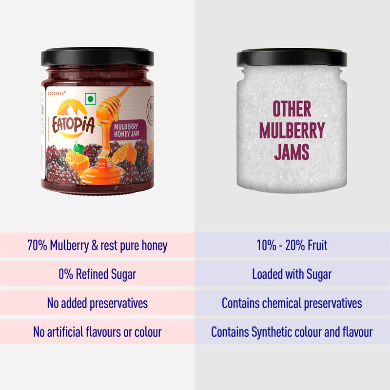 Eatopia Mulberry Sugar Free Honey Jam in Fresh with 70g of Real Fruit Pieces & 30% Wild Honey | 100% Pure & Natural with No Artificial Chemicals/Preservatives | Healthy Good for Gut Health (240g)