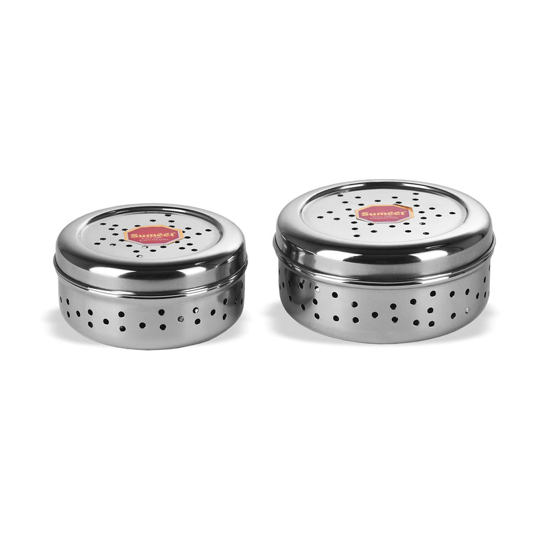 Sumeet Stainless Steel Hole Puri Dabbas/Sprout Maker/Flat Canisters with Air Ventilation Size No.7-11 cm Dia & No. 8-12.5 cm Dia