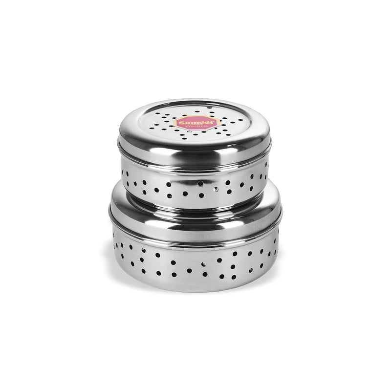 Sumeet Stainless Steel Hole Puri Dabbas/Sprout Maker/Flat Canisters with Air Ventilation Size No.7-11 cm Dia & No. 8-12.5 cm Dia