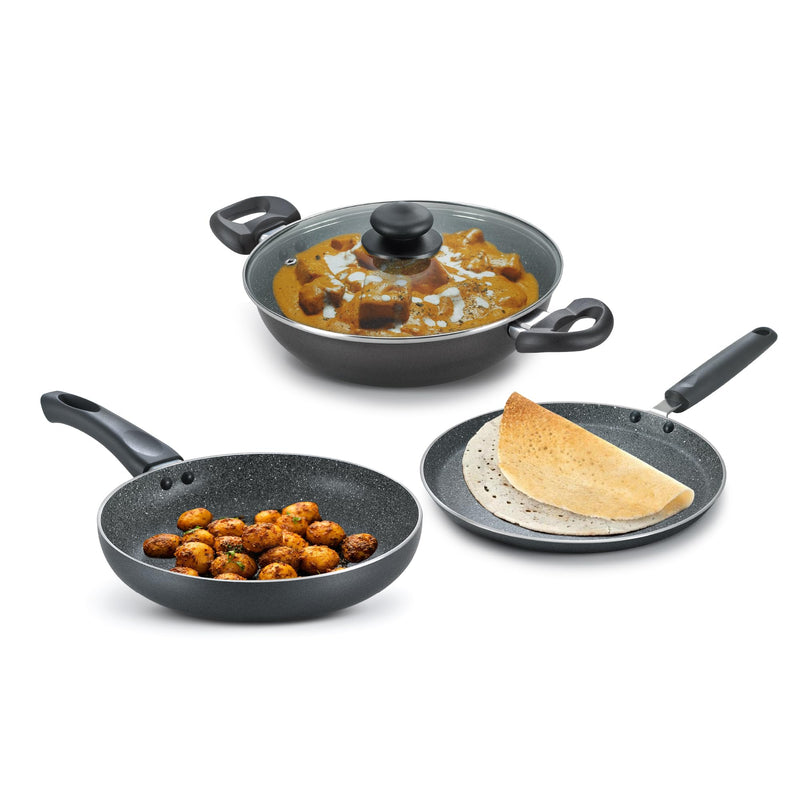 Prestige Omega Deluxe Granite Aluminium 3 Pcs Set- Tawa, Fry Pan & Kadai with 1 Glass Lid|Non-Stick|Spatter-Coated Surface|Induction & Gas Compatible|Black