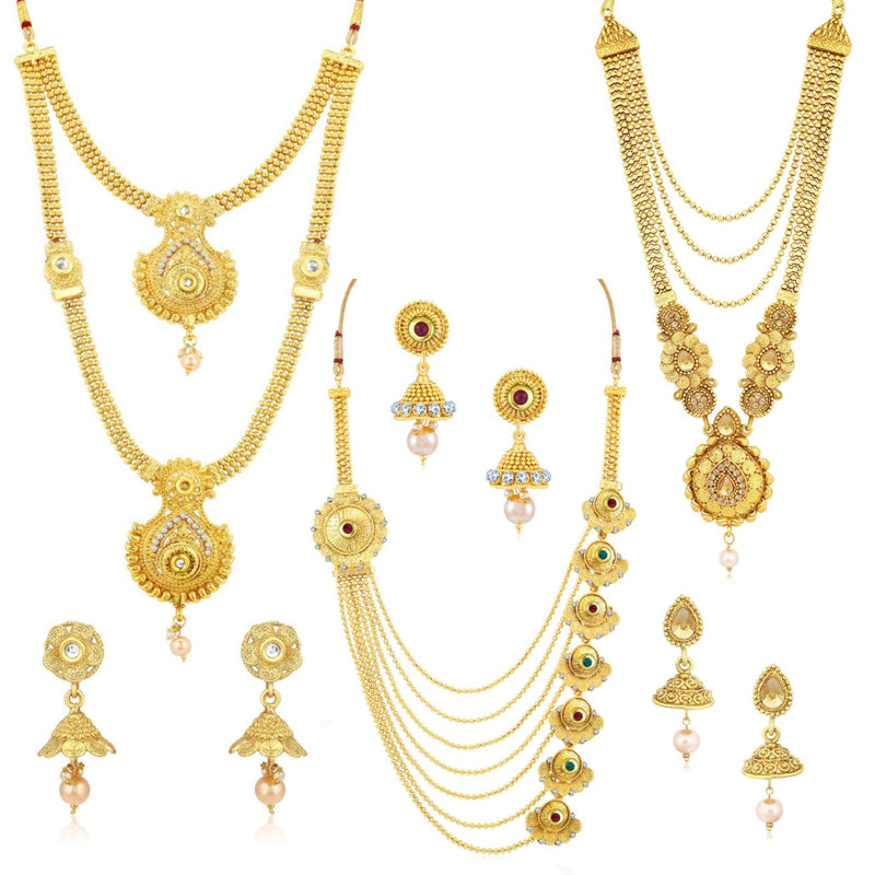 Sukkhi Ethnic Gold Plated Kundan Multi-String Set of 3 Necklace Combo for Women (SKR48716)