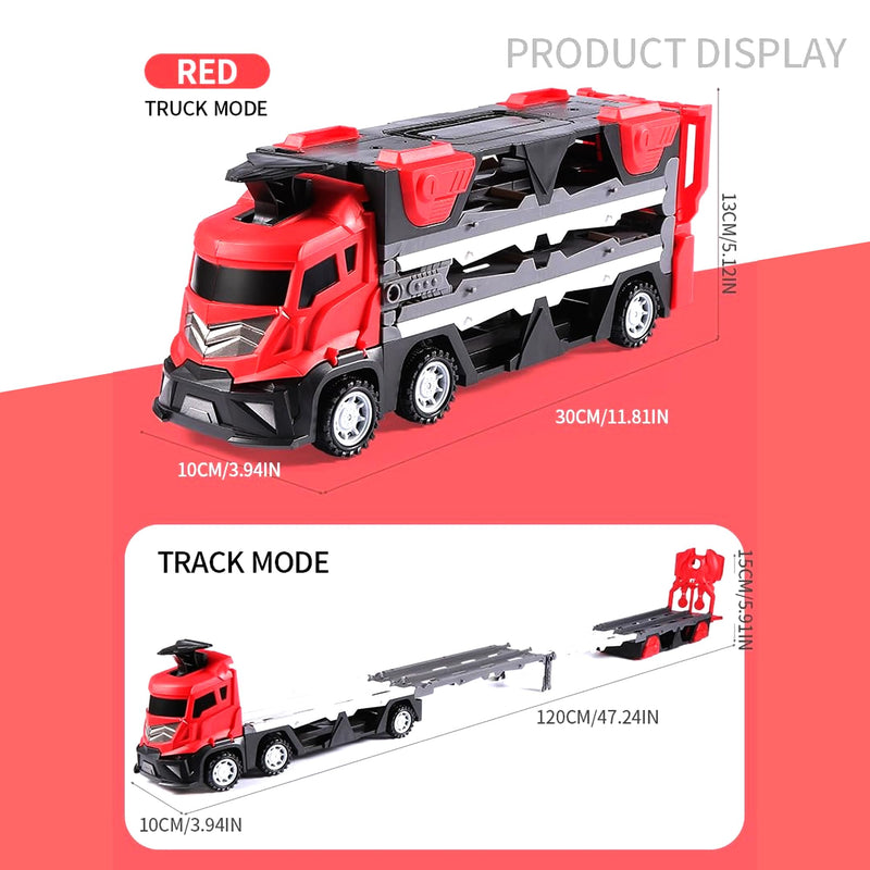 Kidology Mega Hauler Truck with Ejection Race Track- Large Truck Folding Children's Toy Car Includes 4 Alloy Car Track Racing Storage Container Toy for Kids (Red)