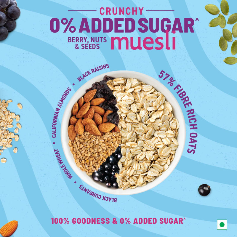 Bagrrys 0% Added Sugar Muesli – Berry, Nuts & Seeds 500g | Whole Grain Breakfast Cereal | Helps Manage Weight |0% Added Sugar| No Sugar infused berries| No Added Preservatives