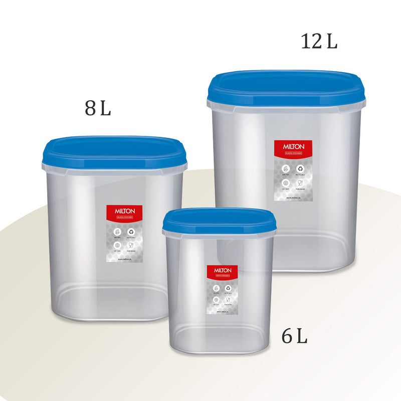 MILTON Plastic Quadra Storage Container, Set Of 3, (6000 Ml, 8000 Ml, 12000 Ml), Blue | Air Tight | Stackable | Multipurpose | Kitchen Organizer | Bpa Free | Easy To Clean | Dishwasher Safe