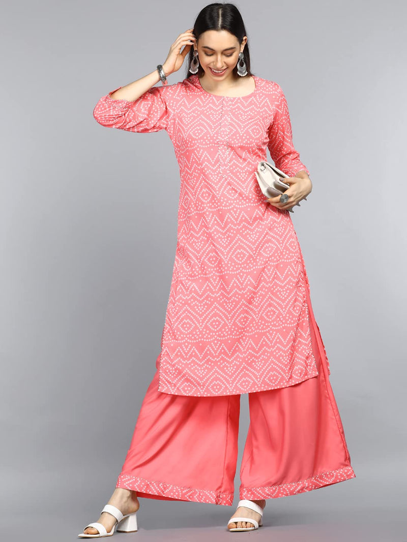 Vaamsi Women's Poly Crepe Bandhani Printed A-line Kurta Palazzo Set (PKSET1004_Pink_XL)