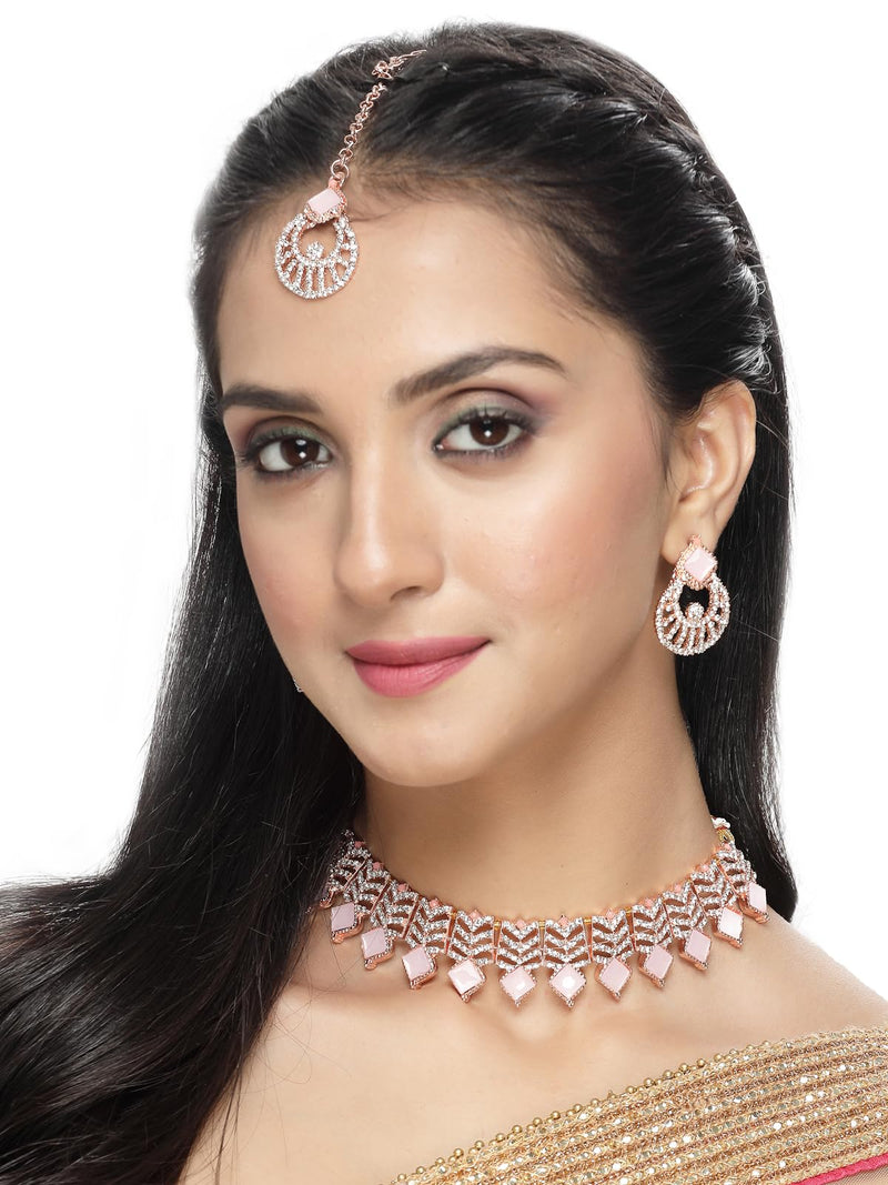 Sukkhi Seaside Rose Gold Plated Pink AD Stones & Beads Choker Necklace Set With Earring And Maangtika | Jewellery Set For Women (NS105560)