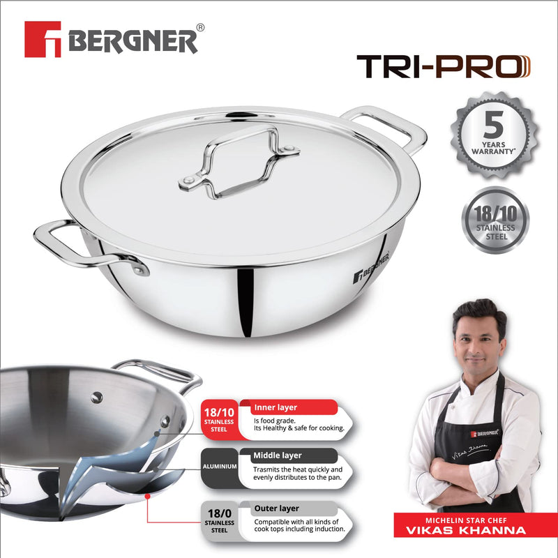 Bergner Tripro Triply 3 Pc Cookware Set, 22 cm Deep Kadai, 20 cm Fry Pan, 1X Stainless Steel Lid, Stay Cool Handles, Induction & Gas Ready, Multi-Layer Polish Surface, 5-Year Warranty