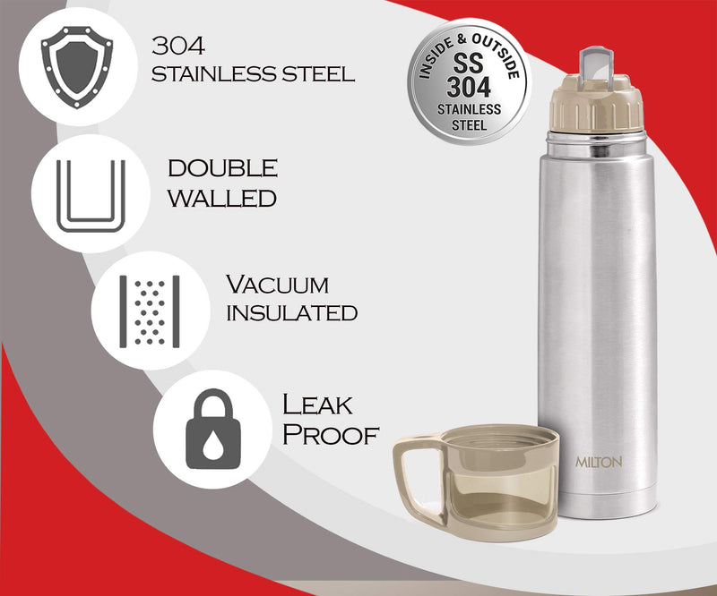 Milton Glassy 1000 Thermosteel 24 Hours Hot and Cold Water Bottle with Drinking Cup Lid, 1 Litre, Grey | Leak Proof | Office Bottle | Gym Bottle | Home | Kitchen | Hiking | Trekking | Travel Bottle