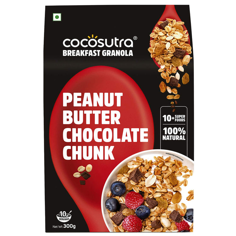 Cocosutra Peanut Butter Chocolate Chunk Breakfast Granola - 300 g | 100% Natural, Vegan & Gluten Free | High Protein Cereal with Oats, Nuts, Seeds & Dry Fruits | Lightly sweetened with Jaggery