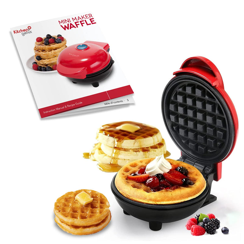 Kitchengenix's Mini Waffle Maker 4 Inch- 350 Watts: Stainless Steel Non-Stick Electric Iron Machine for Individual Belgian Waffles, Pan Cakes (Mini Waffle Maker + Waffles Recipe Book) (RED)