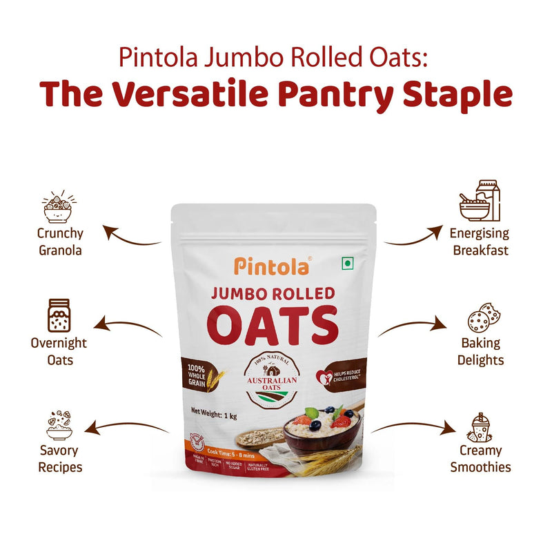 Pintola Oats 1kg, 100% JUMBO Rolled Oats, Wholegrain, Gluten Free, High Fibre & Protein, Natural Whole Grain, Dalia Porridge, Diet Food for Weight Loss, Nutritious & Healthy Breakfast Oatmeal, Cereals