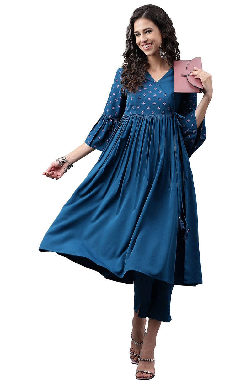 Janasya Women's Blue Crepe Solid Angrakha Kurta(JNE4148-KR-A-L)