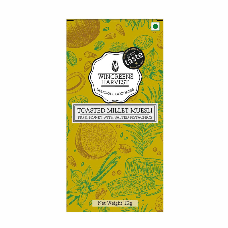 MONSOON HARVEST Wingreens Toasted Millet Muesli, Fig & Honey with Salted Pistachios 1 kg, Natural, breakfast Cereal, Healthy Gluten-Free with whole grains, nuts & dry fruits, high fiber.