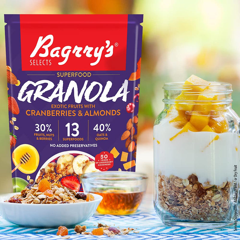 Bagrry’s Superfood Granola Exotic Fruits with Almonds & Cranberries | 30% Fruit & Nut | 40% Oats & Quinoa | Breakfast Cereals, 400g