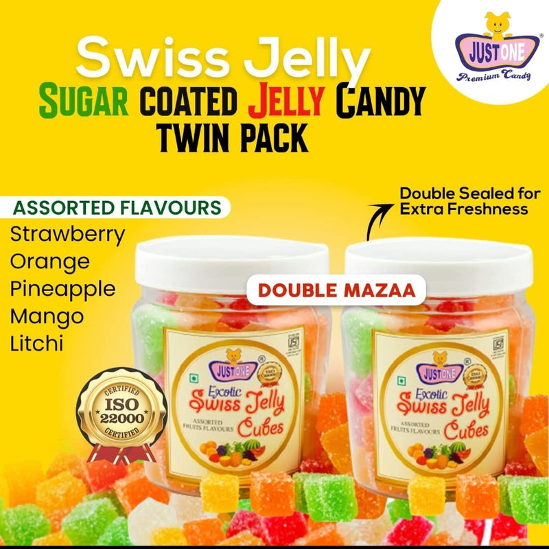 JUSTONE Swiss Jelly Mixed Fruit Soft Jelly Candy CUBES 500 Gms - SOFT JELLY Bites JUJUBE COMBO PACK of 2 ( 250 gms x 2) - Assorted Fruits Jelly candy - Jelly Beans - Jelly Candy pop || Jellies for kids and adults || Sugar coated Jelly Candy || Swiss Choco