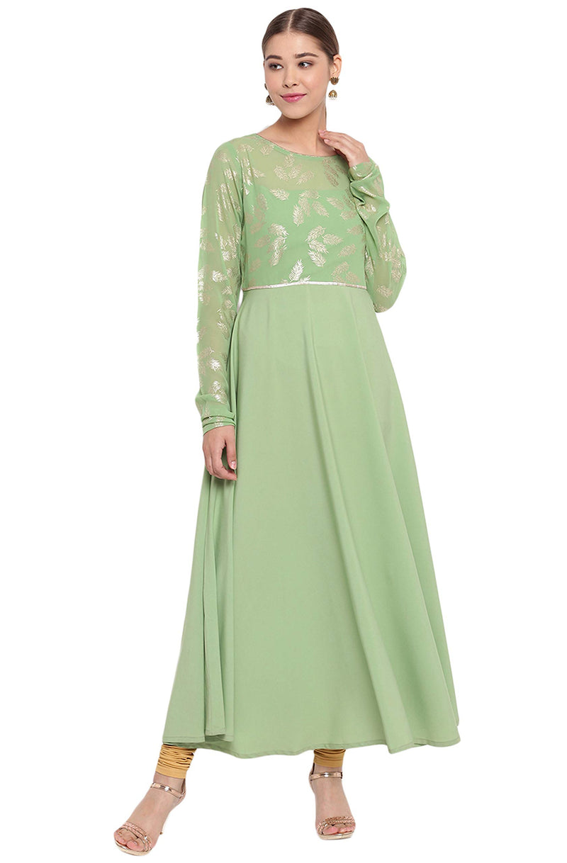 Janasya Women's Light Green Poly Crepe Botanical Print Gown Kurta