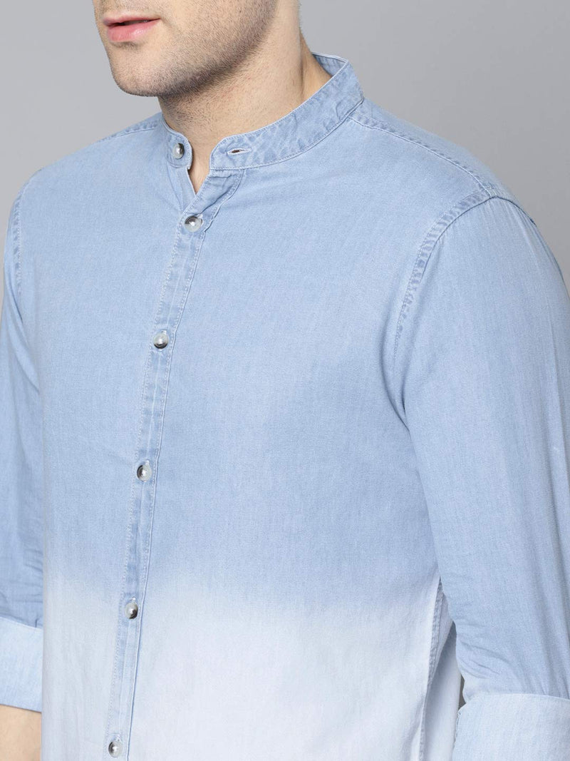 Dennis Lingo Men's Cotton Full Sleeves Cotton Denim Solid Casual Shirt with Mandarin Collar (Light Blue, L)