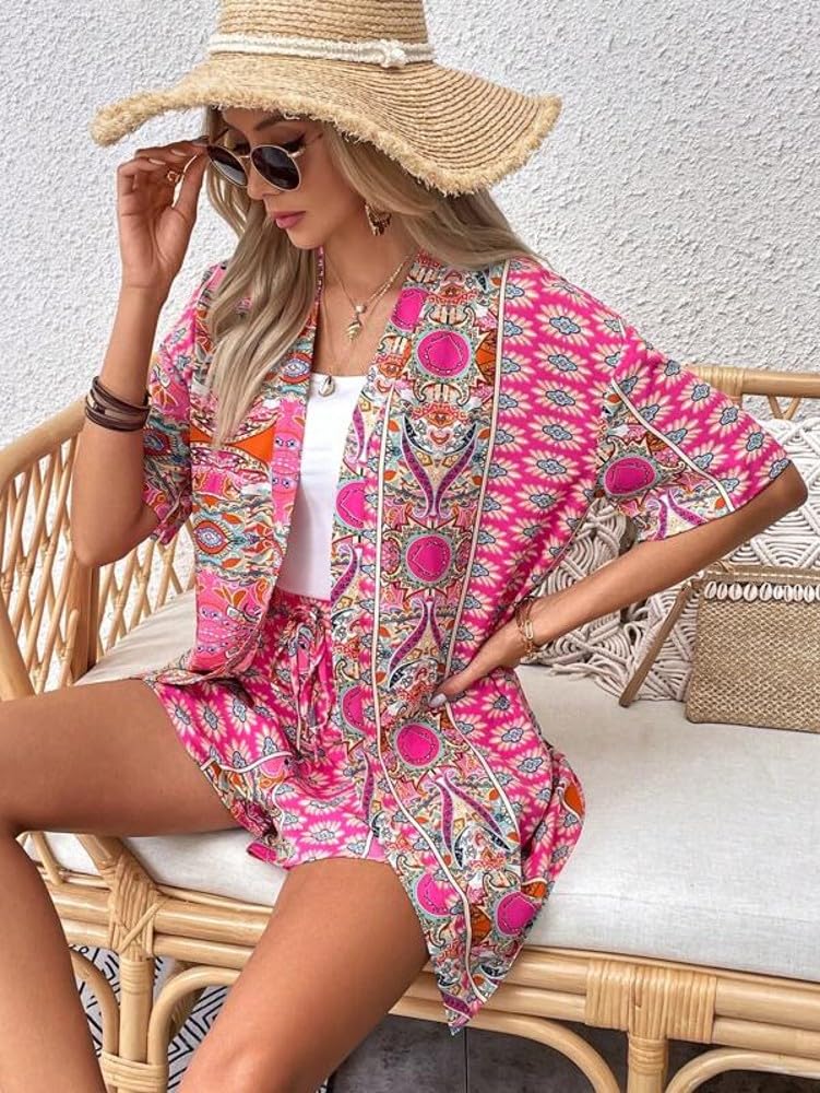 COOL AND CASUAL Beach Wear for Women Co Ord Set Three Piece Dress Top Short and Shrug Beach Dresses for Women… (Small, Pink)