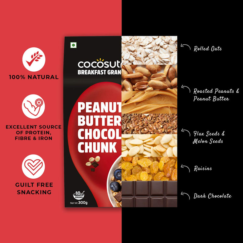 Cocosutra Peanut Butter Chocolate Chunk Breakfast Granola - 300 g | 100% Natural, Vegan & Gluten Free | High Protein Cereal with Oats, Nuts, Seeds & Dry Fruits | Lightly sweetened with Jaggery