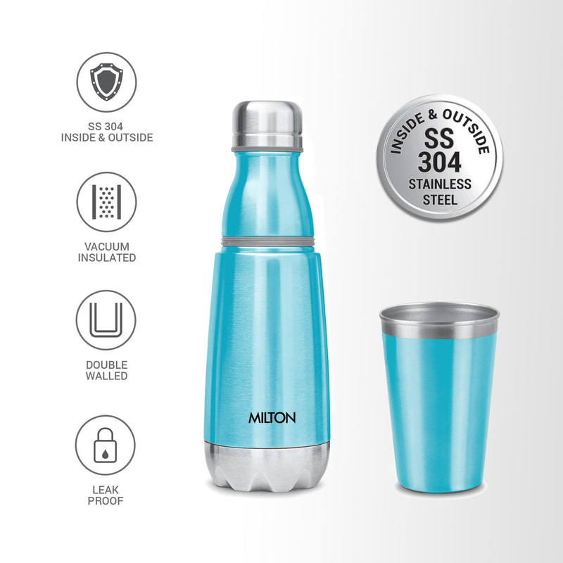 Milton Vertex Steel 500 Thermosteel 24 Hours Hot or Cold Water Bottle with Unbreakable Tumbler, 500 ml, Metalic Sky Blue