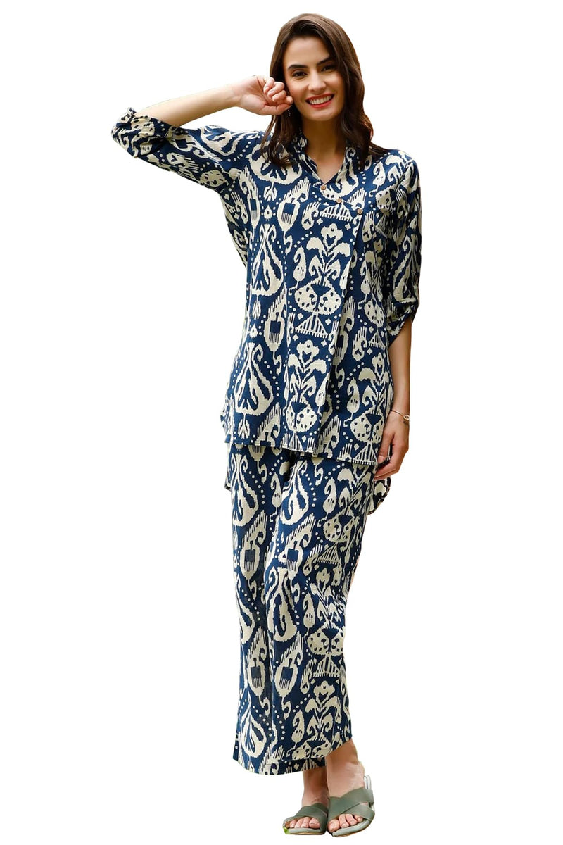 Sugathari Women's Dress Batik Navy Blue V-Neck CO-ODS Set for Women (CO-ODS 97 BATIK BLUE L)