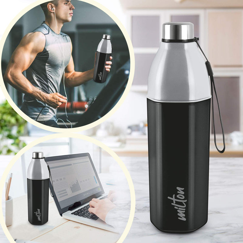 Milton Kool Hexone 1200 Insulated Water Bottle, 1.12 litres, Black | Leak Proof | Easy Grip | BPA Free | Easy to Carry | Odourless