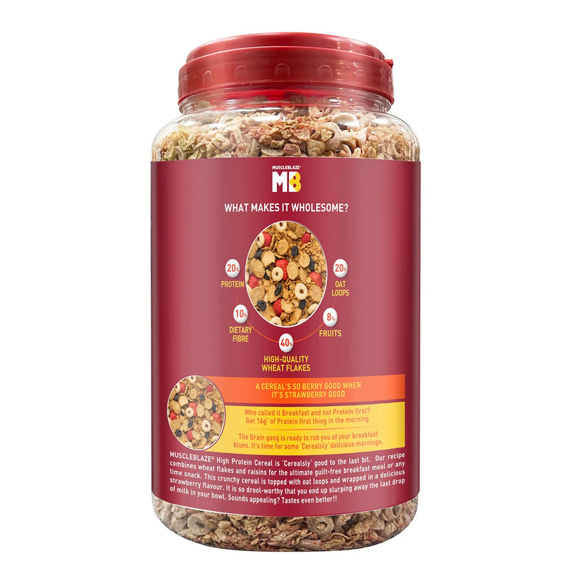 MuscleBlaze High Protein Wheat Cereal, 21 g Protein, Fibre Rich, Breakfast Cereals, with Oats Loop & Fruits, Ready to Eat, Strawberry Blast, 1 kg