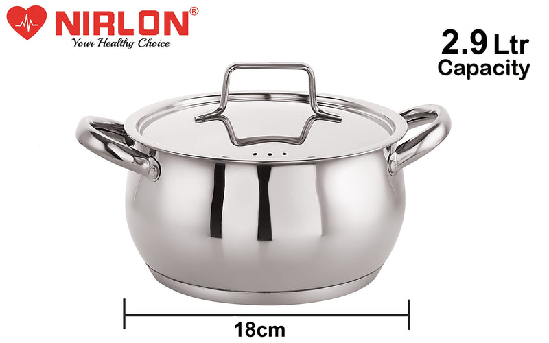 NIRLON Deluxe Series Stainless Steel Impact Bonded Tri Ply Bottom Induction Handi Casserole with Steel Lid, 18 cm / 2.9 litres, Dishwasher Safe | Flame Safe | Gas Stove Safe | Hot Plate Safe