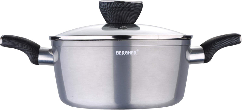 Bergner Carbon TT Non-Stick Cooking Casserole/ Biryani Pot/ Handi with Glass Lid, Induction Base, 28 cm, 6 Liters, Metallic Grey, Gas Ready