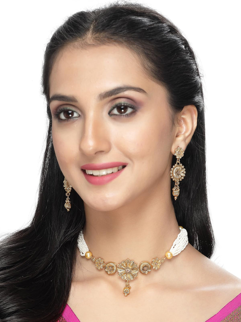 Sukkhi Attractive Gold Plated Gold Beads Copper Choker Necklace Set with Drop Earring | Jewellery Set For Women (NS105536)