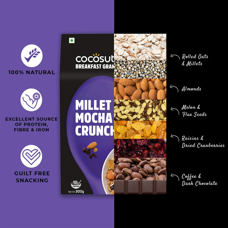 Cocosutra Millet Mocha Crunch Breakfast Granola - 300 g | 100% Natural, Vegan & Gluten Free | High Protein Cereal with Oats, Nuts, Seeds and Dry Fruits | Lightly sweetened with Jaggery