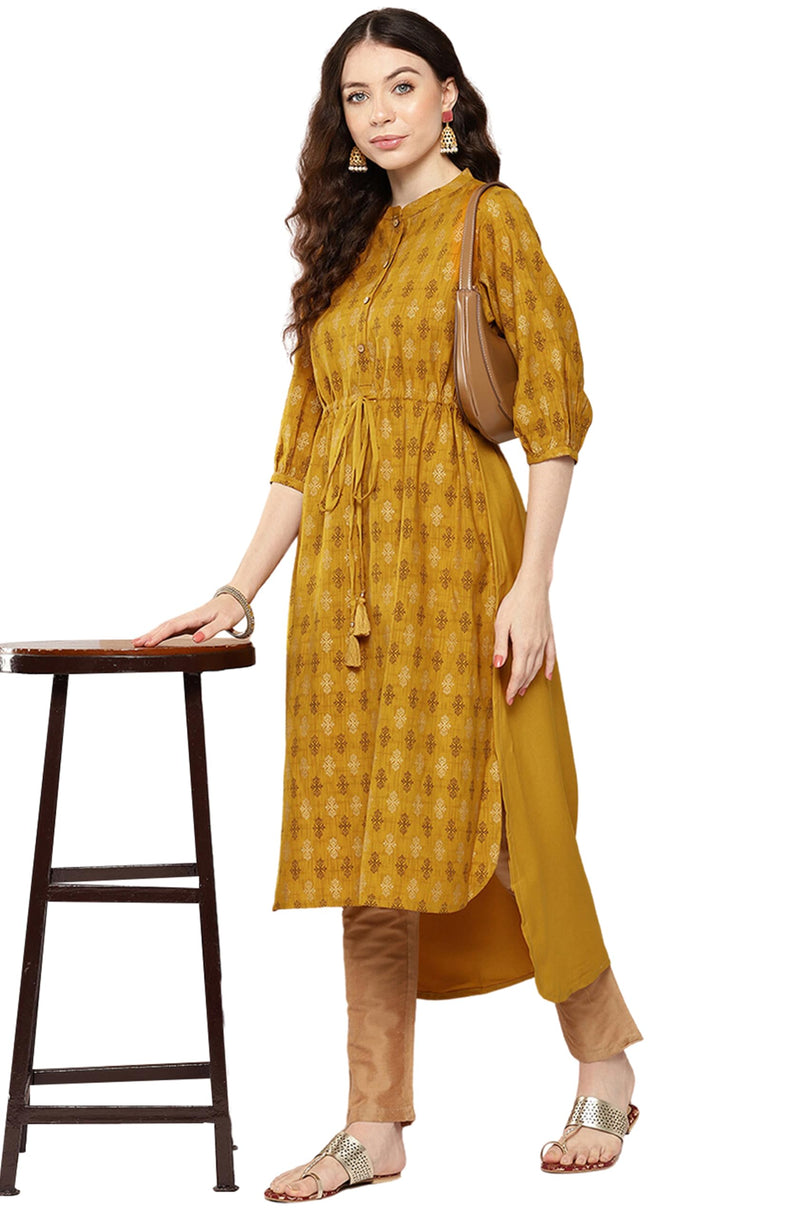 Janasya Women's Mustard Moss Ethnic Motif Foil Printed High Low Kurta(JNE4291-KR-XL)