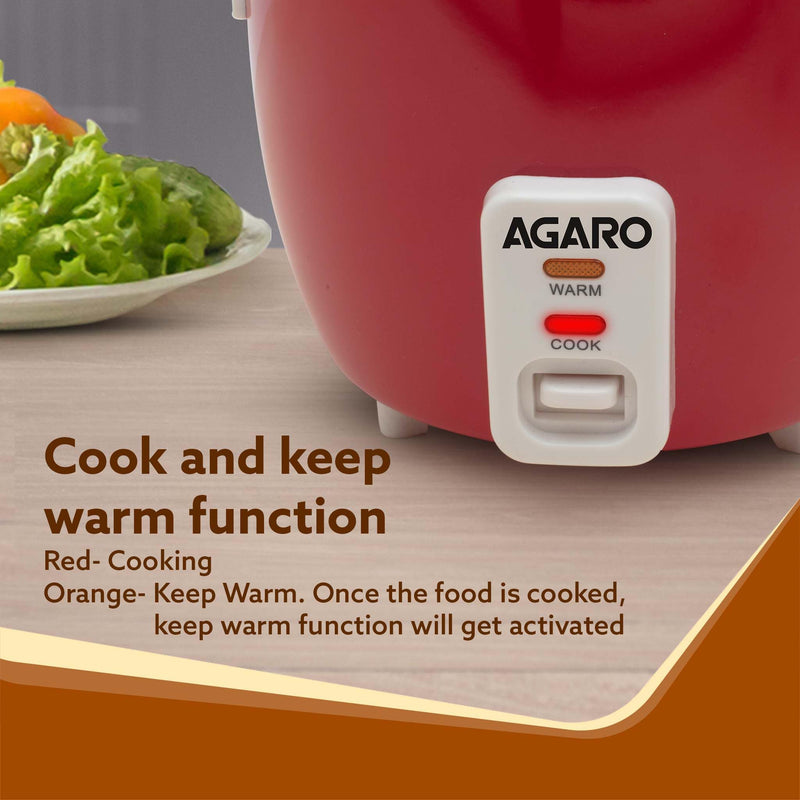 AGARO Elegant Electric Rice Cooker, 1 Liter, 400W, Automatic Boiler, Steamer, Removable Aluminium Pot, Stainless Steel Lid, Keep Warm Function, Trivet Plate, Rice, Veggies, Red