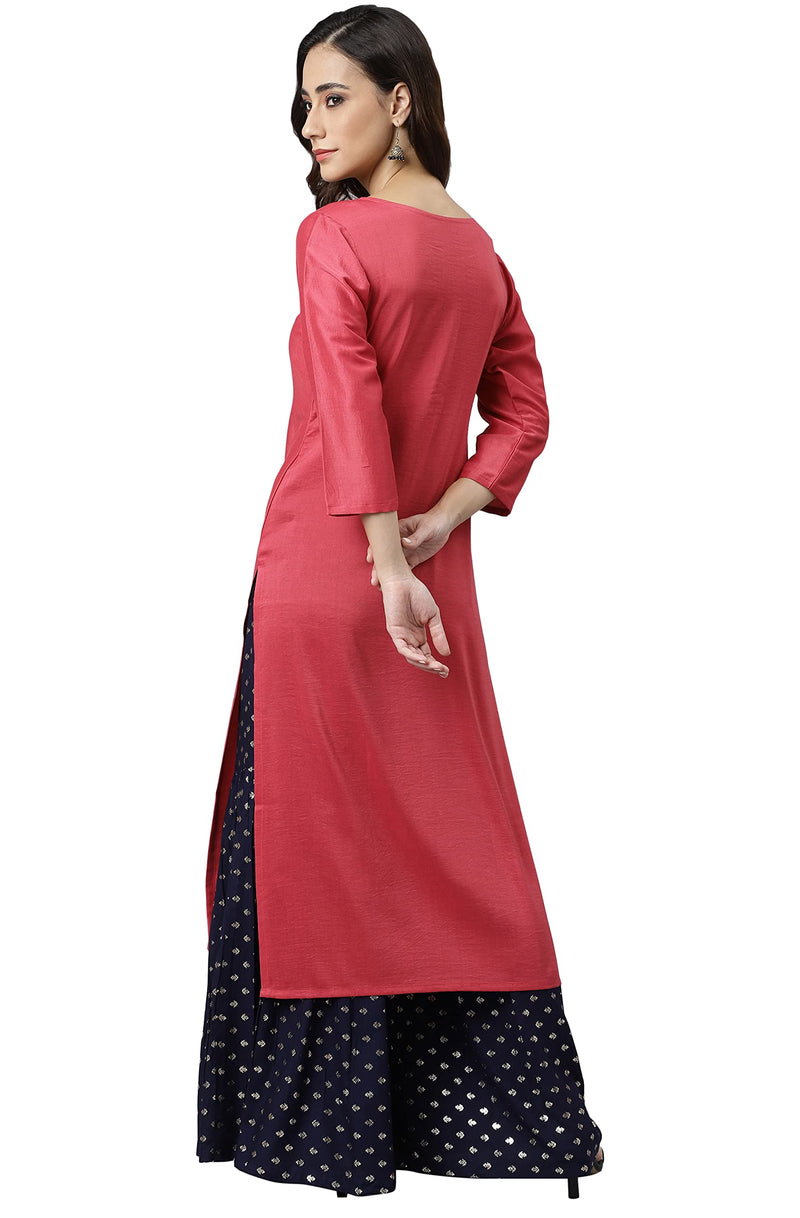 Janasya Women's Pink Poly Silk Embroidered Straight Kurta(JNE3982-KR-L)